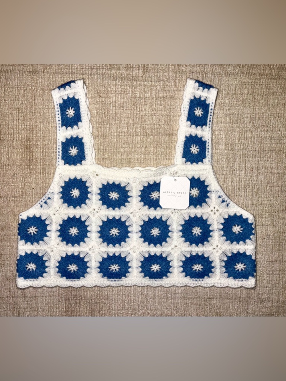 Altar'd State NWT XS Crochet Square Granny Crop Blue White Boho Festival Tank - Picture 2 of 9